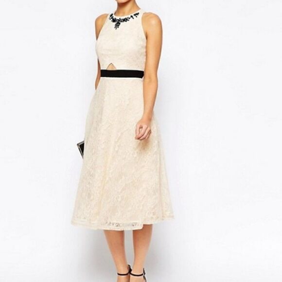 Little Mistress Ivory Lace Midi Dress Jewel Neck Tall - Picture 1 of 8